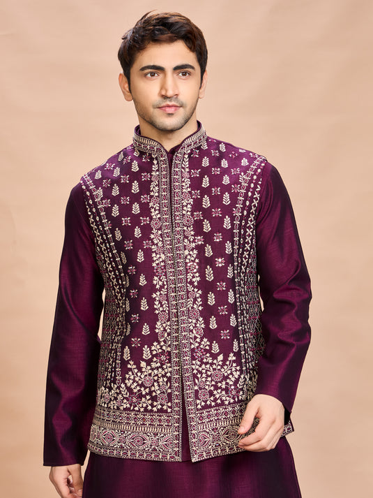 Wine Silk Embroidered Jacket Kurta Set for Men
