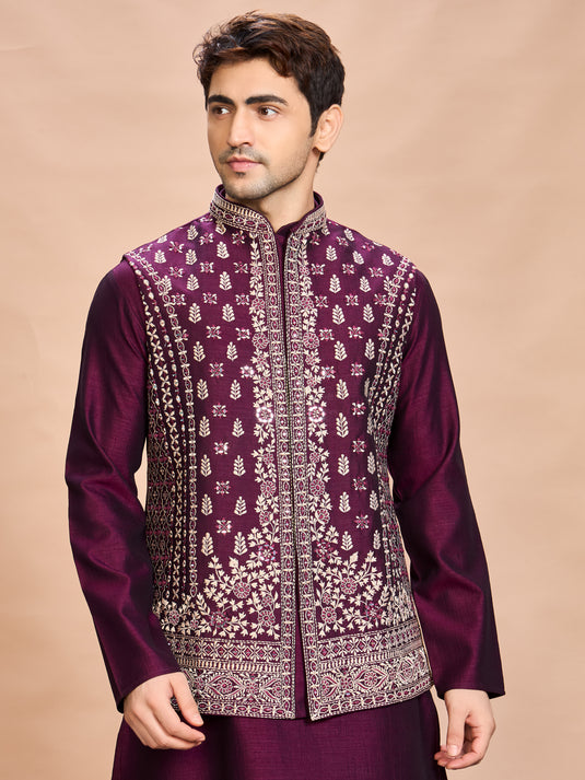 Wine Silk Embroidered Jacket Kurta Set for Men