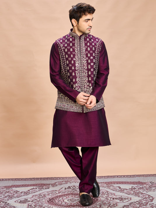Wine Silk Embroidered Jacket Kurta Set for Men
