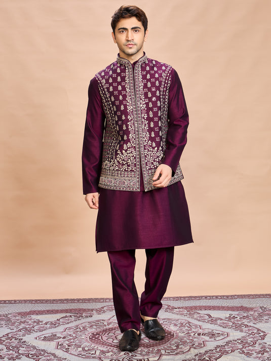 Wine Silk Embroidered Jacket Kurta Set for Men