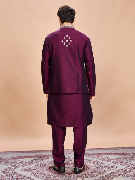 Wine Silk Embroidered Jacket Kurta Set for Men