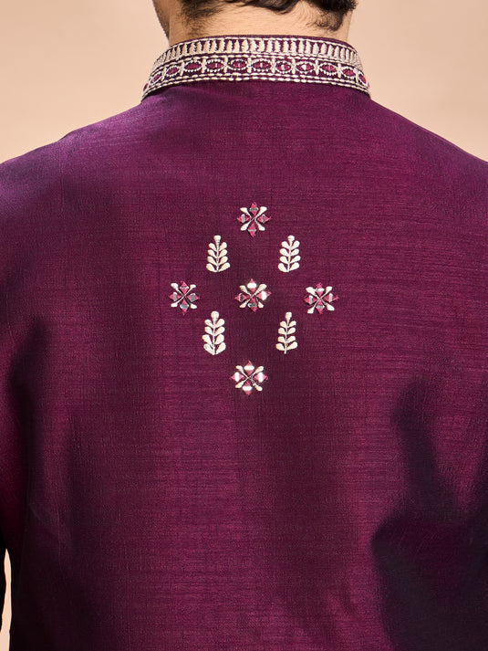 Wine Silk Embroidered Jacket Kurta Set for Men