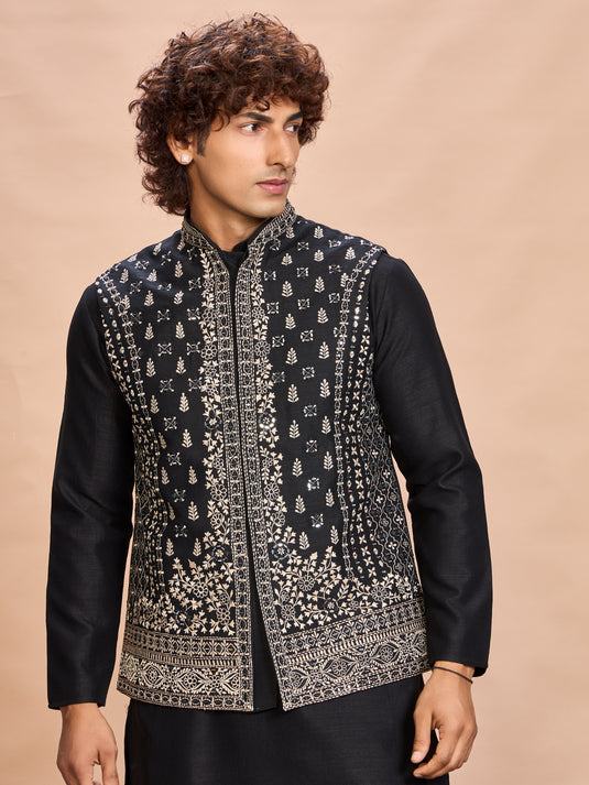 Black Silk Embroidered Jacket Kurta Set for Men