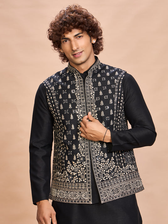 Black Silk Embroidered Jacket Kurta Set for Men