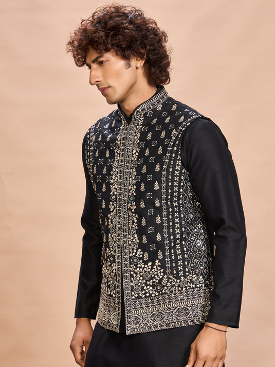 Black Silk Embroidered Jacket Kurta Set for Men