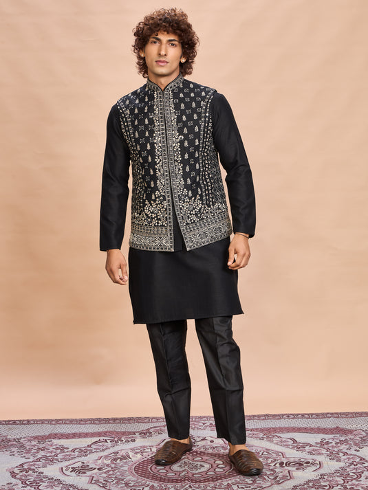 Black Silk Embroidered Jacket Kurta Set for Men