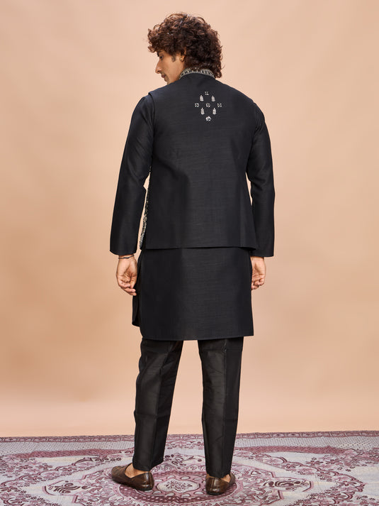 Black Silk Embroidered Jacket Kurta Set for Men
