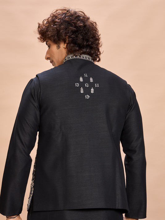 Black Silk Embroidered Jacket Kurta Set for Men