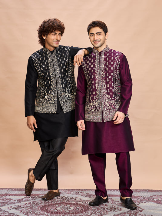 Black Silk Embroidered Jacket Kurta Set for Men