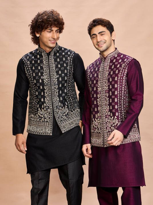 Black Silk Embroidered Jacket Kurta Set for Men