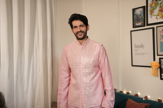 Pink Silk Jacket Kurta Set for Men