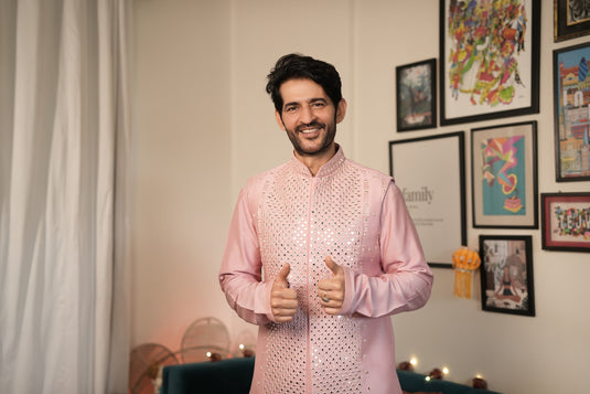 Pink Silk Jacket Kurta Set for Men