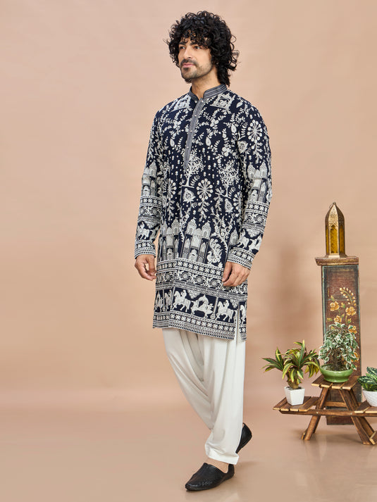 Navy Blue Georgette Embroidered Kurta with Dupatta and Bottom for Men