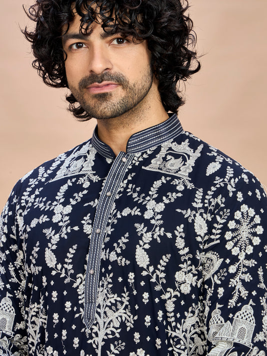 Navy Blue Georgette Embroidered Kurta with Dupatta and Bottom for Men