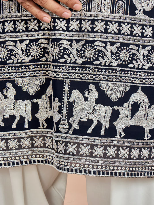 Navy Blue Georgette Embroidered Kurta with Dupatta and Bottom for Men