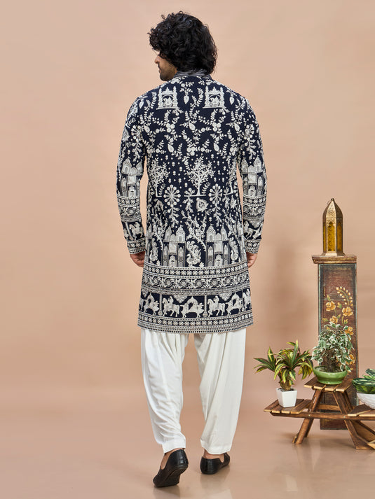 Navy Blue Georgette Embroidered Kurta with Dupatta and Bottom for Men