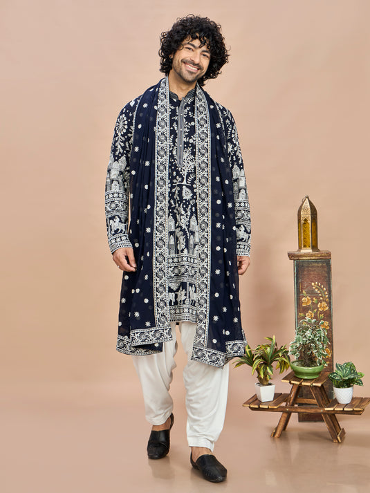 Navy Blue Georgette Embroidered Kurta with Dupatta and Bottom for Men