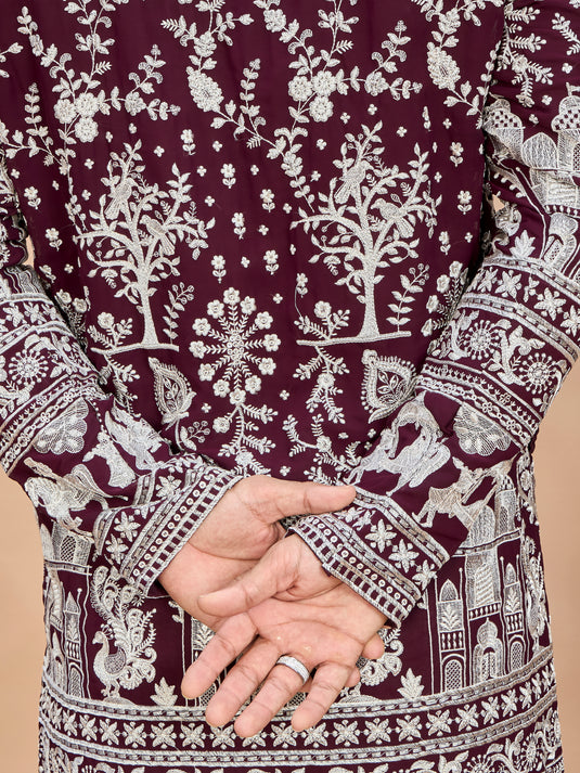 Wine Georgette Embroidered Kurta with Dupatta and Bottom for Men