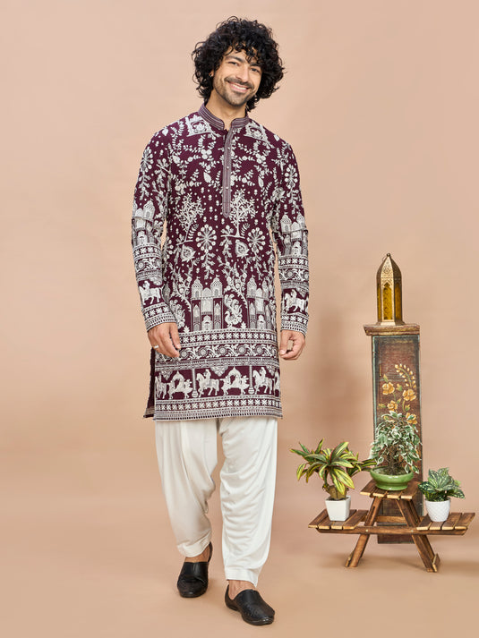 Wine Georgette Embroidered Kurta with Dupatta and Bottom for Men