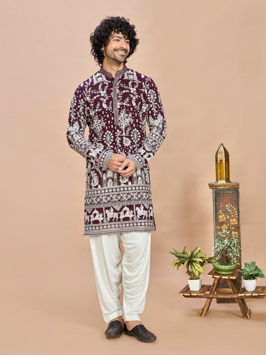 Wine Georgette Embroidered Kurta with Dupatta and Bottom for Men