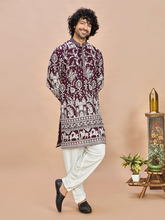 Wine Georgette Embroidered Kurta with Dupatta and Bottom for Men