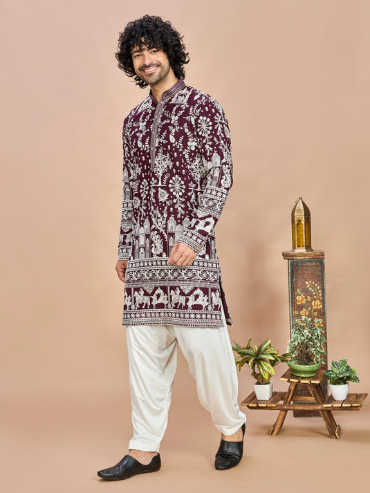Wine Georgette Embroidered Kurta with Dupatta and Bottom for Men