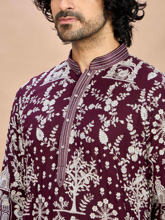 Wine Georgette Embroidered Kurta with Dupatta and Bottom for Men