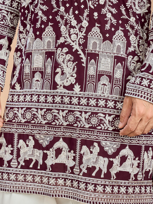 Wine Georgette Embroidered Kurta with Dupatta and Bottom for Men