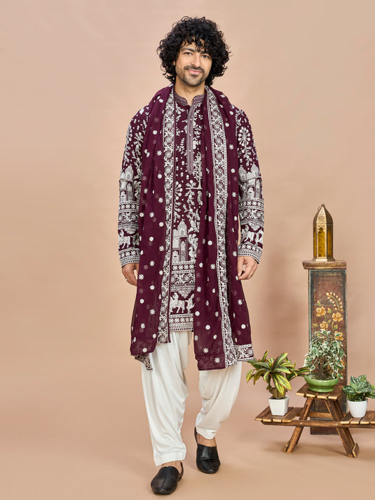Wine Georgette Embroidered Kurta with Dupatta and Bottom for Men