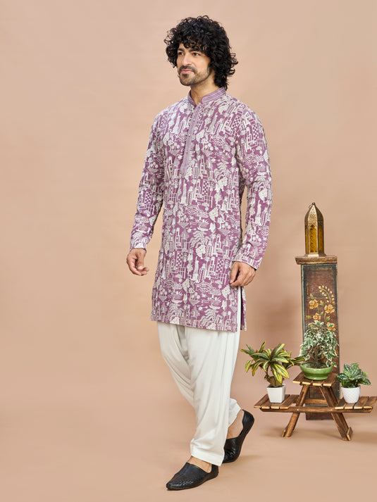 Purple Georgette Embroidered Kurta with Dupatta and Bottom for Men