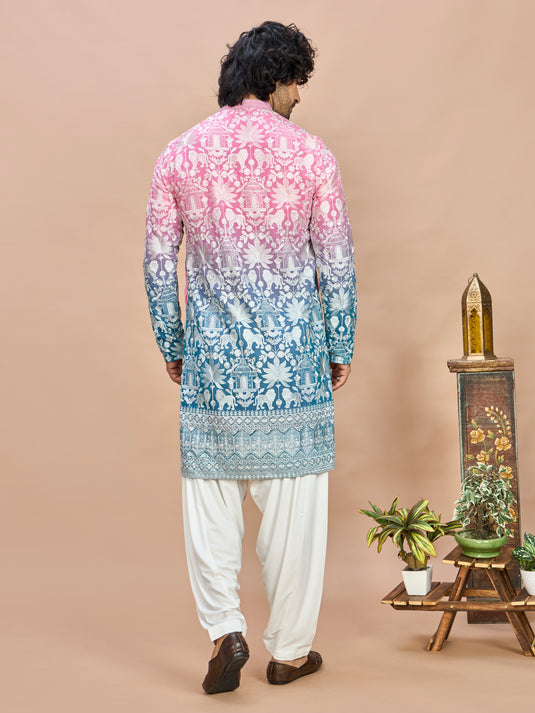 Pink Georgette Embroidered Kurta for Men