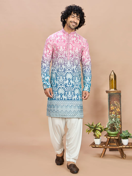 Pink Georgette Embroidered Kurta for Men