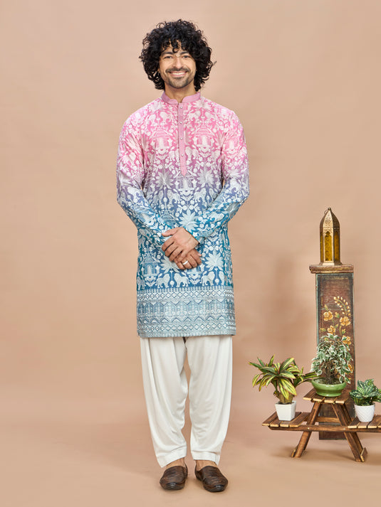 Pink Georgette Embroidered Kurta for Men