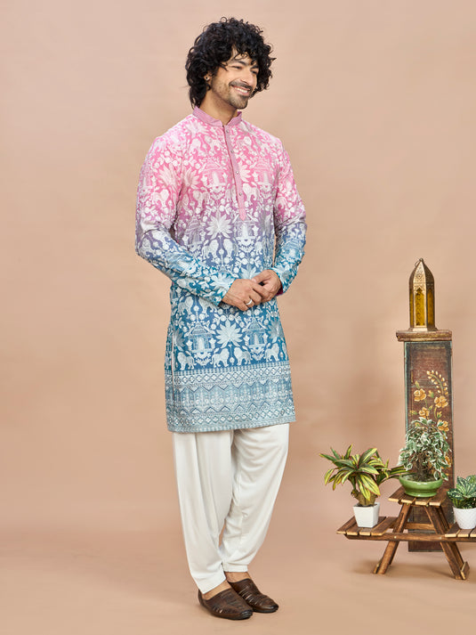 Pink Georgette Embroidered Kurta for Men