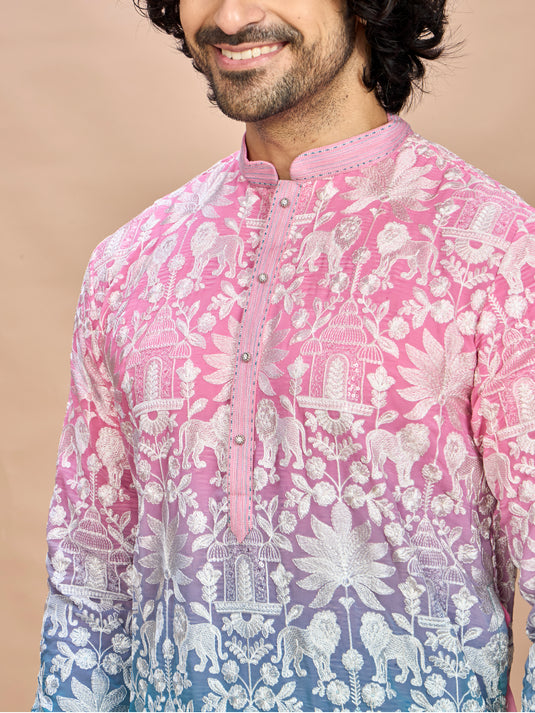 Pink Georgette Embroidered Kurta for Men