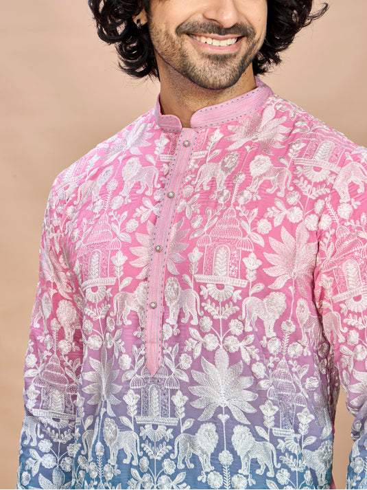 Pink Georgette Embroidered Kurta for Men