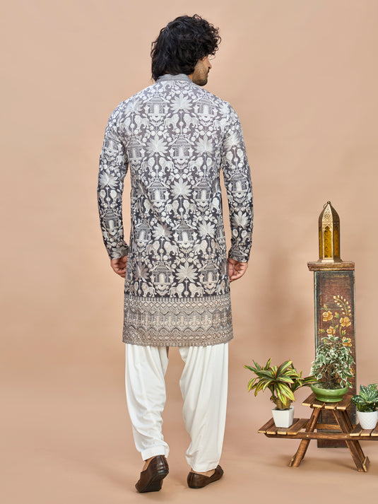 Elegant Grey Embroidered Kurta for Men
