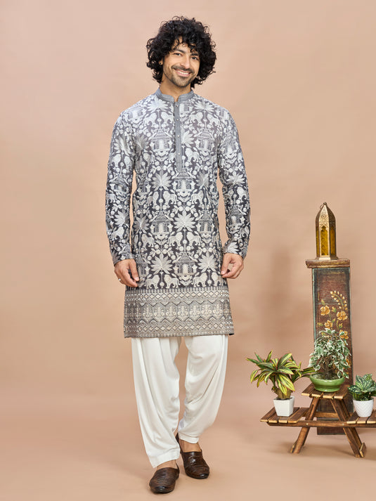 Elegant Grey Embroidered Kurta for Men