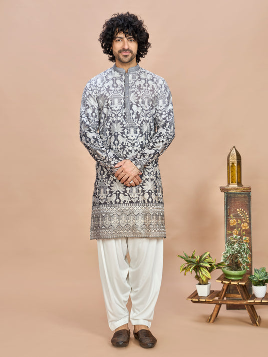 Elegant Grey Embroidered Kurta for Men