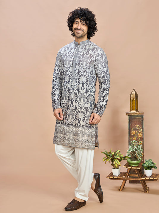 Elegant Grey Embroidered Kurta for Men