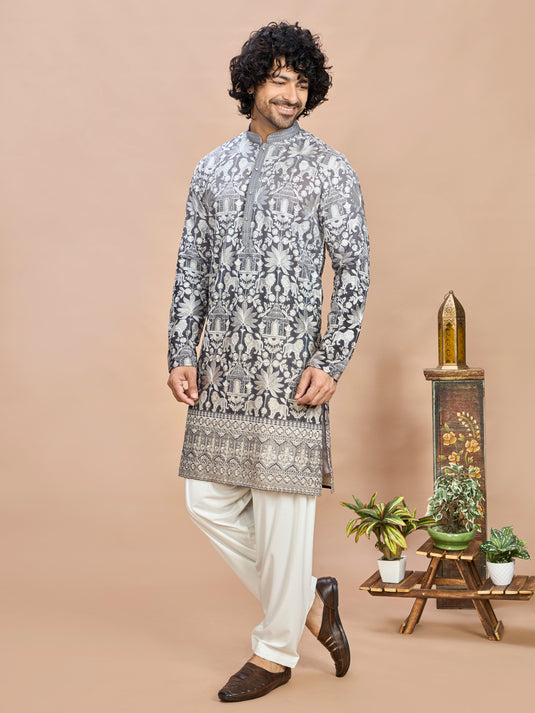 Elegant Grey Embroidered Kurta for Men