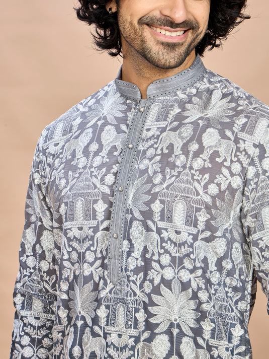 Elegant Grey Embroidered Kurta for Men