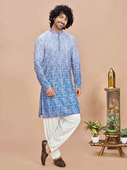 Royal Blue Floral Embroidered Kurta for Men