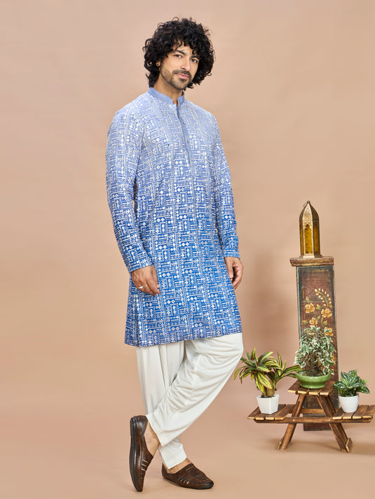 Royal Blue Floral Embroidered Kurta for Men
