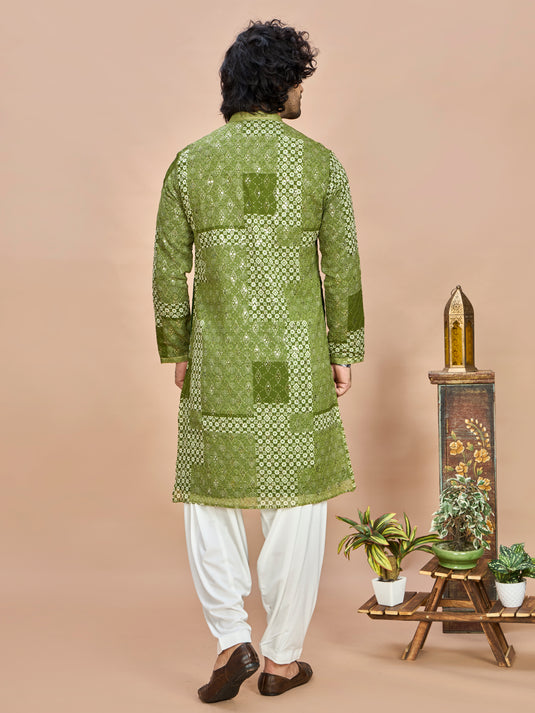 Green Silk Wedding Kurta Set for Men