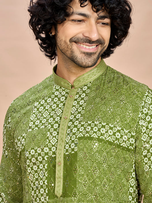Green Silk Wedding Kurta Set for Men