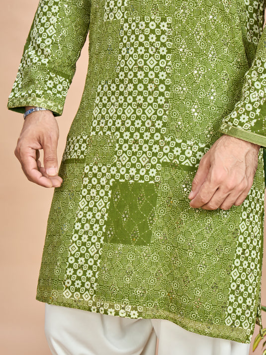 Green Silk Wedding Kurta Set for Men
