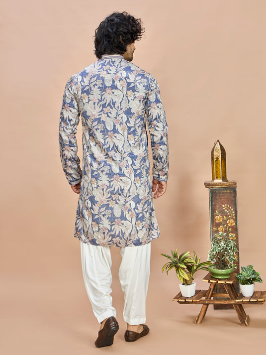 Blue Silk Embroidered Kurta Set for Men