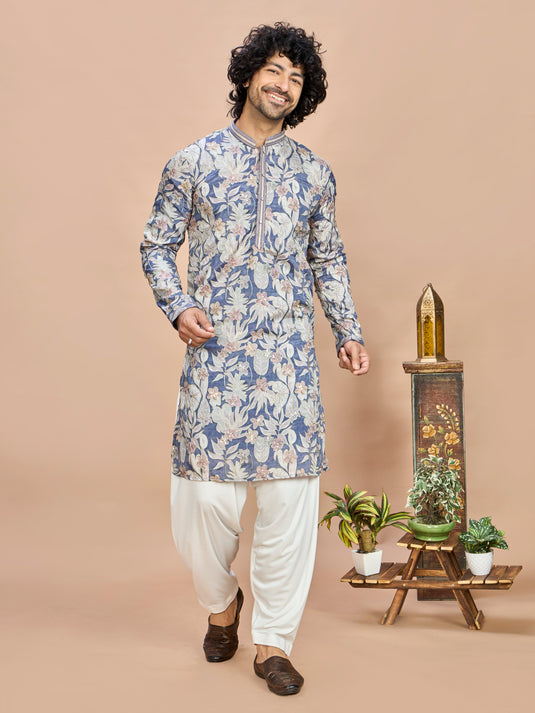 Blue Silk Embroidered Kurta Set for Men