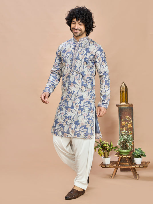 Blue Silk Embroidered Kurta Set for Men